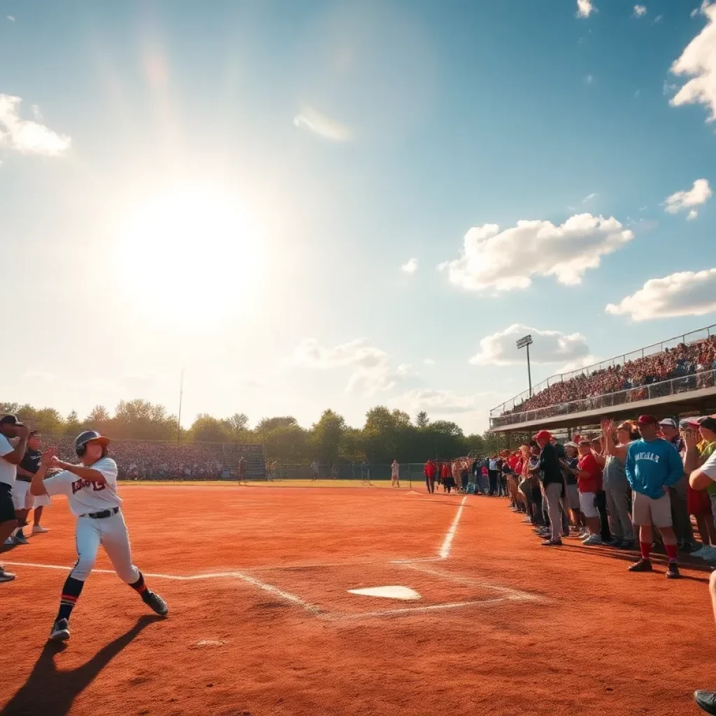 Exciting scene of high school baseball players on the field with a cheering crowd.