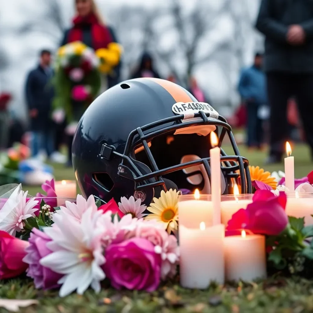 Memorial for ATV crash victims with flowers and a football helmet