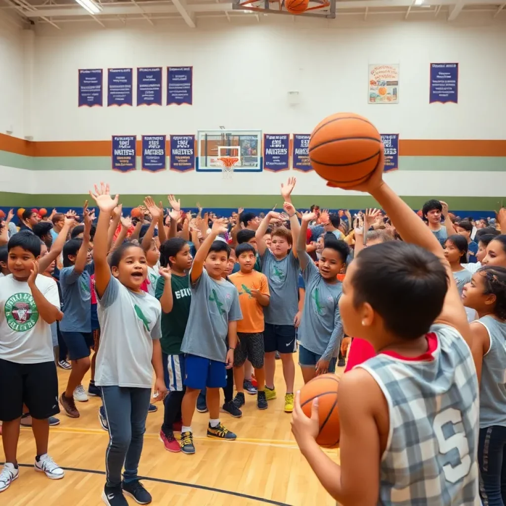 Community members cheering in a basketball gym