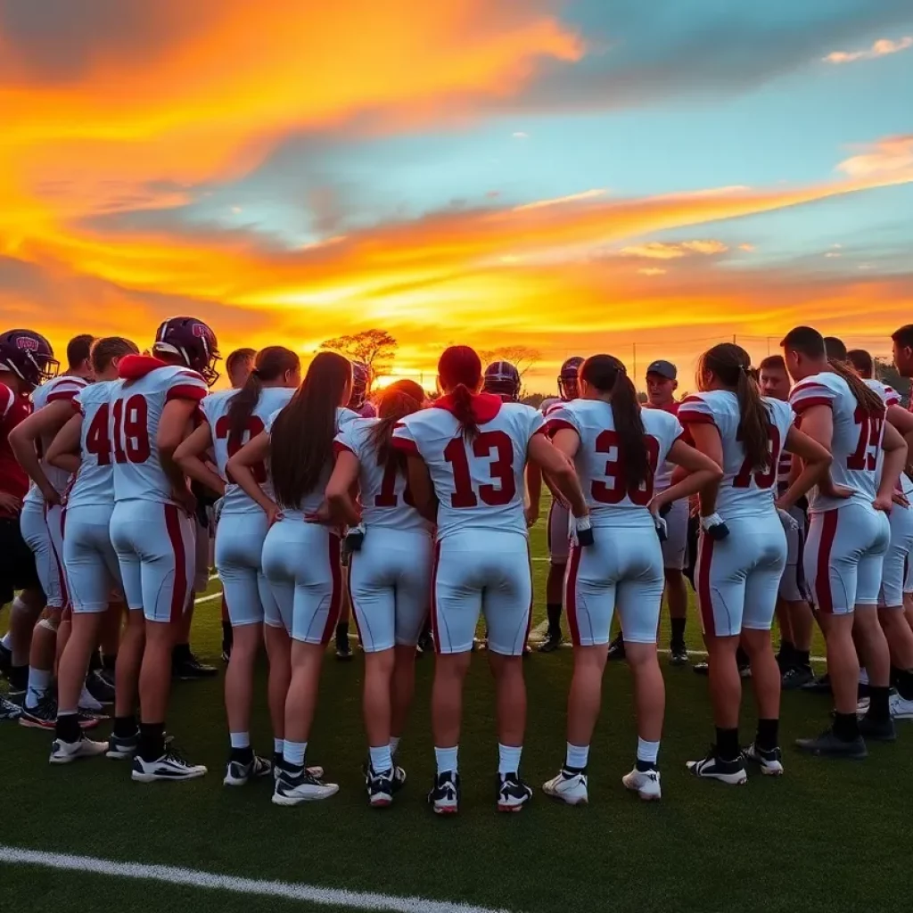 Football team huddle with young athletes on the field