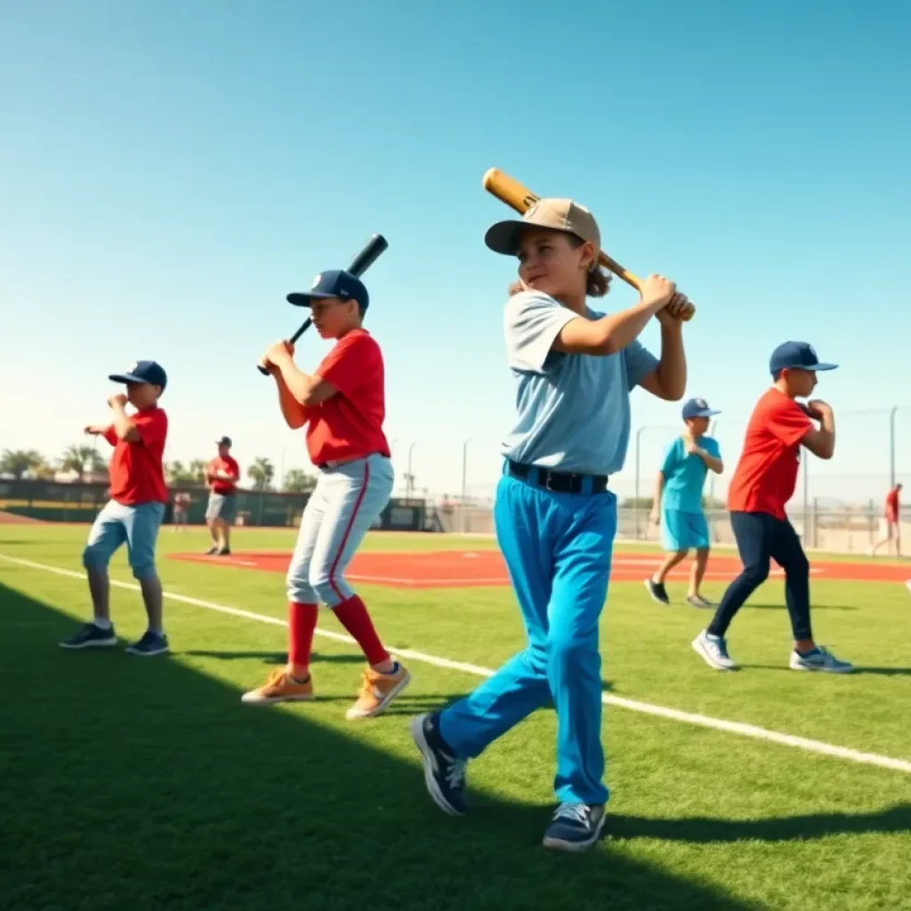 Young baseball players practicing on a sunny California field