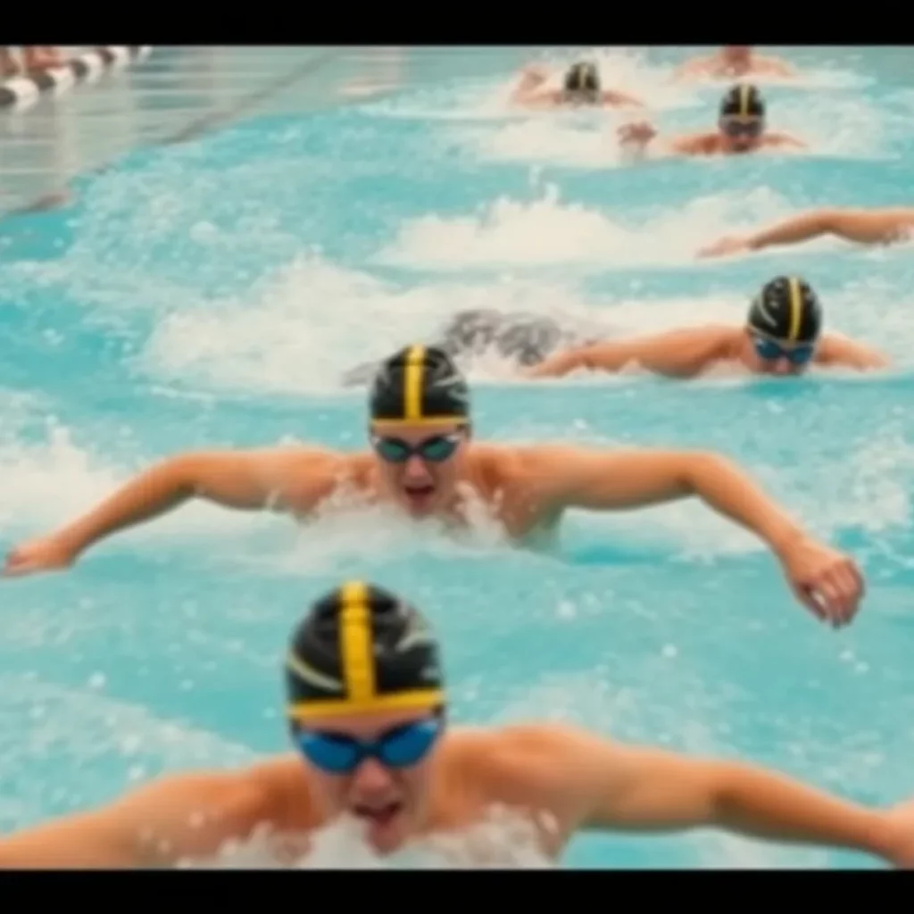 Swimmers competing in a relay race at the championship