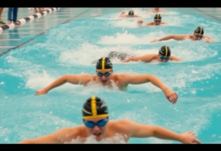 Swimmers competing in a relay race at the championship