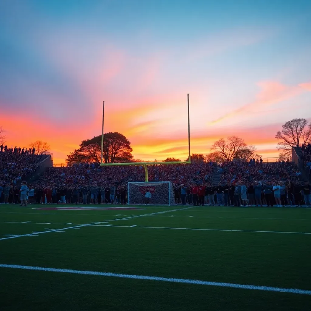 View of Cherokee High School football field filled with cheering fans