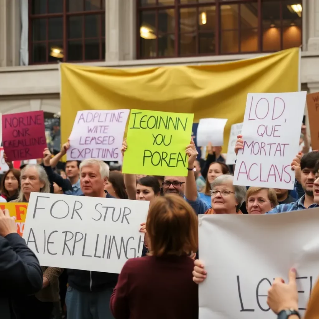 Demonstrators at a city council meeting protesting a commemorative plaque