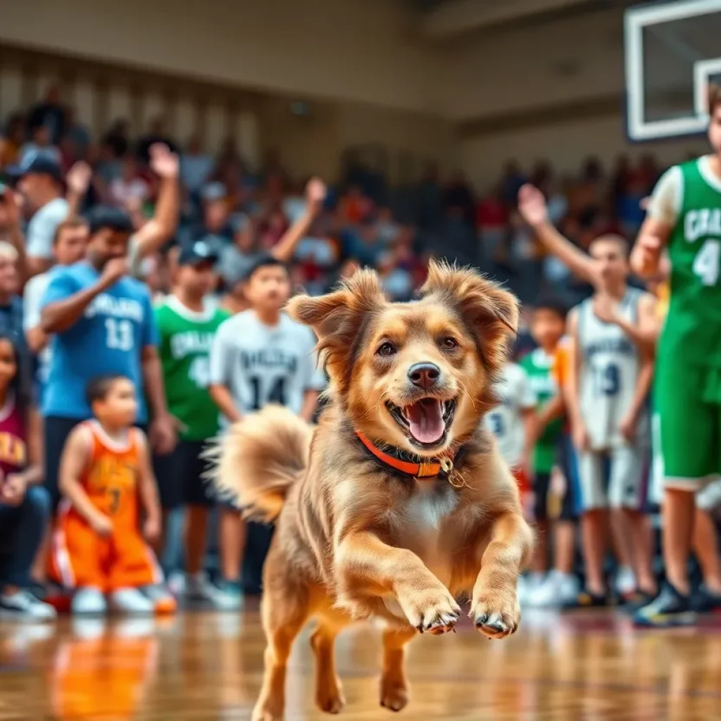 Dog on basketball court during a game