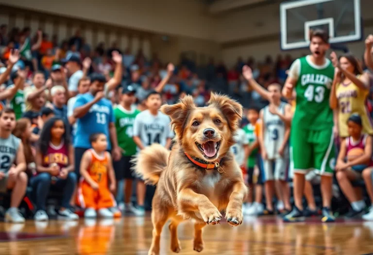Dog on basketball court during a game