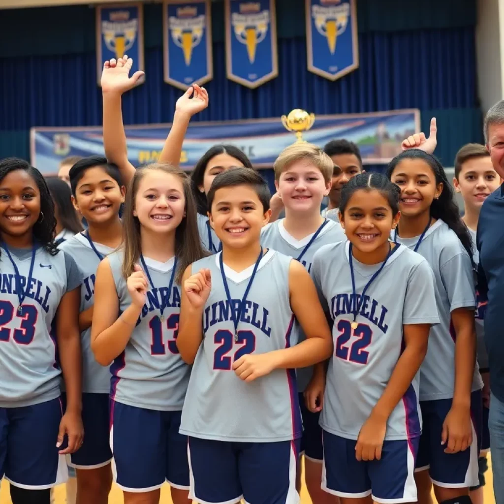Junior high cross country team celebrating their achievement
