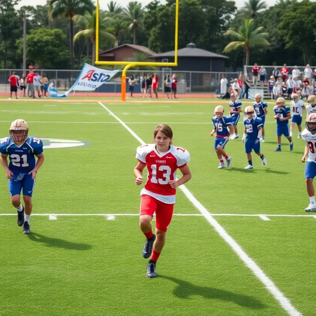 Young athletes practicing on a Florida high school football field