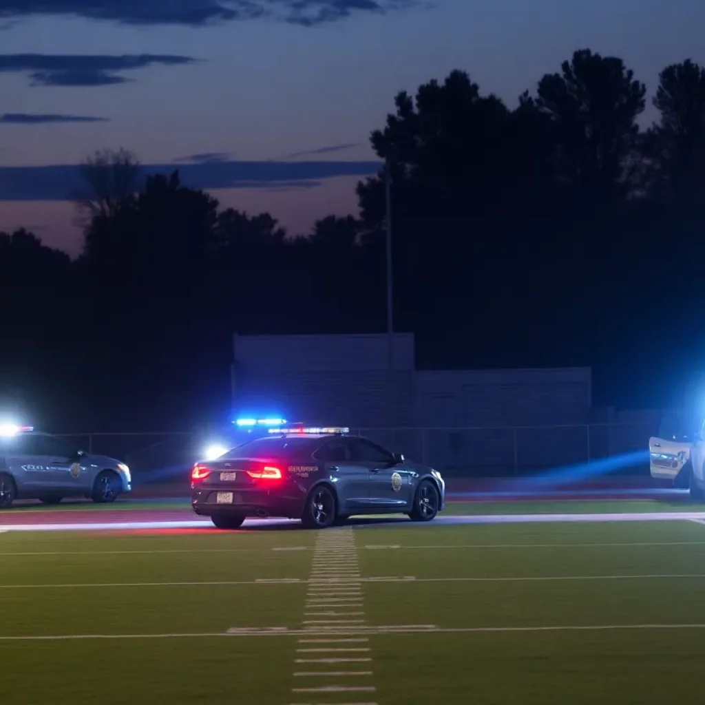 Police presence at a high school football field during an arrest