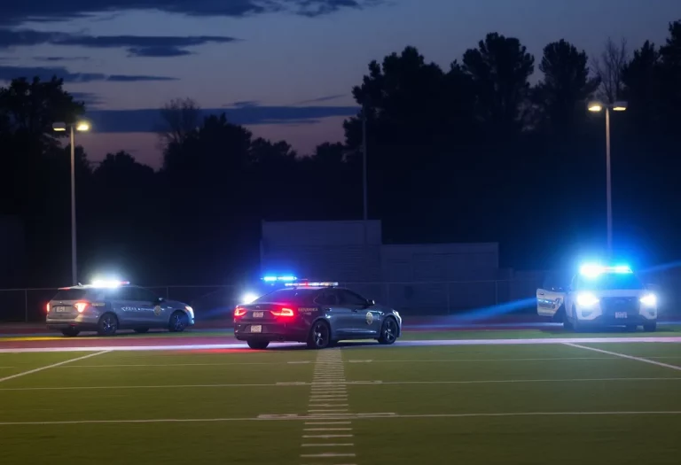 Police presence at a high school football field during an arrest