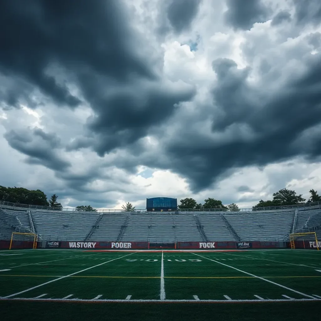 Empty football field under stormy skies