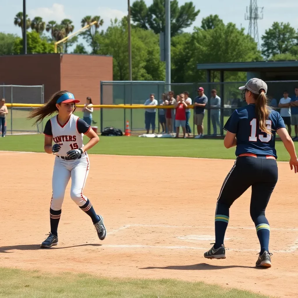 High school softball game with players in action