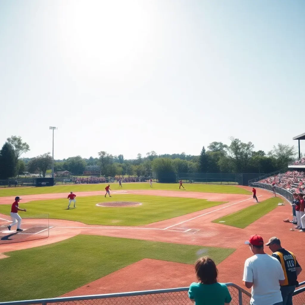 A lively baseball field during a high school game with enthusiastic fans.