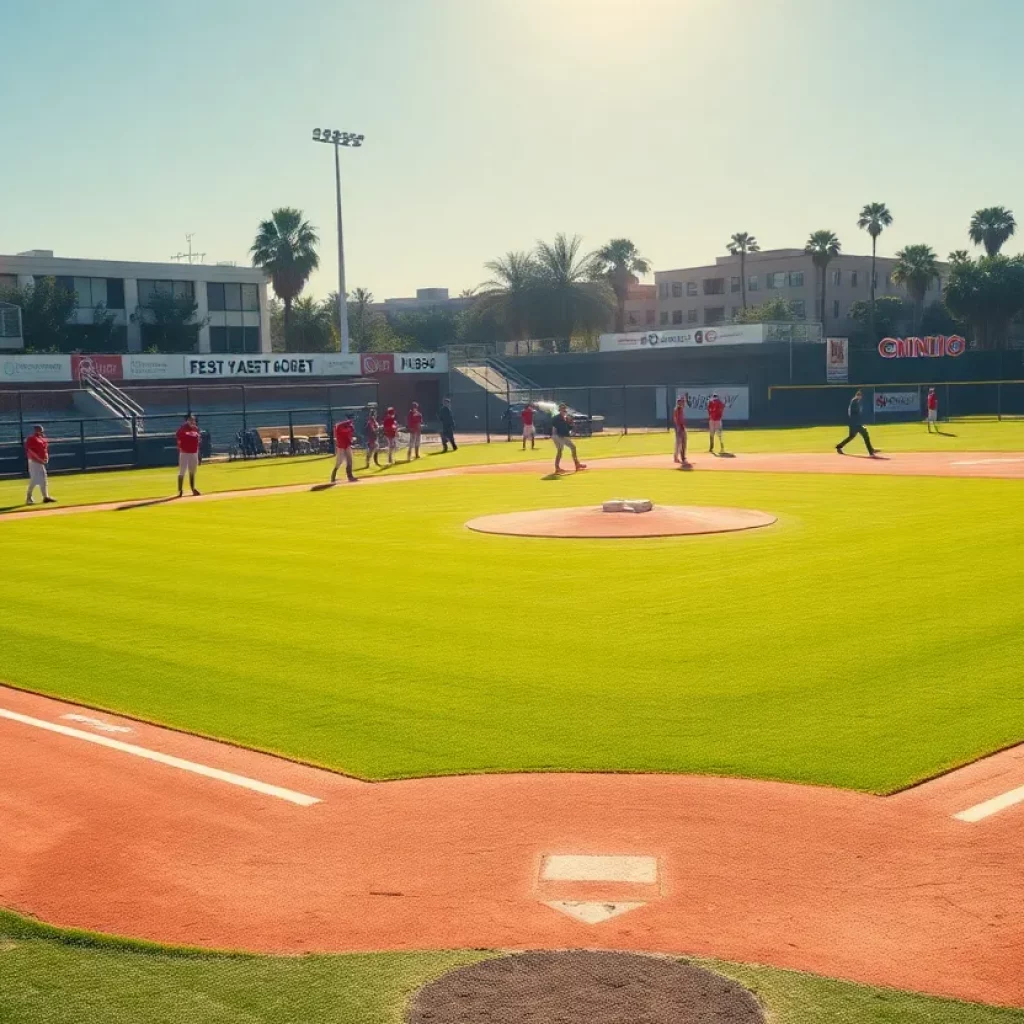 Players warming up on a baseball field under the sun.