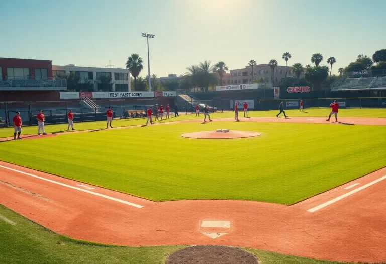 Players warming up on a baseball field under the sun.