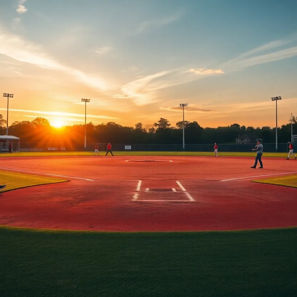 High school baseball players practicing on the field during sunset.