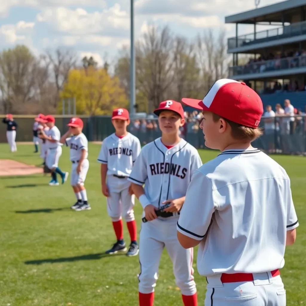 High school baseball players practicing on the field during spring.
