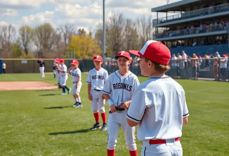 High school baseball players practicing on the field during spring.