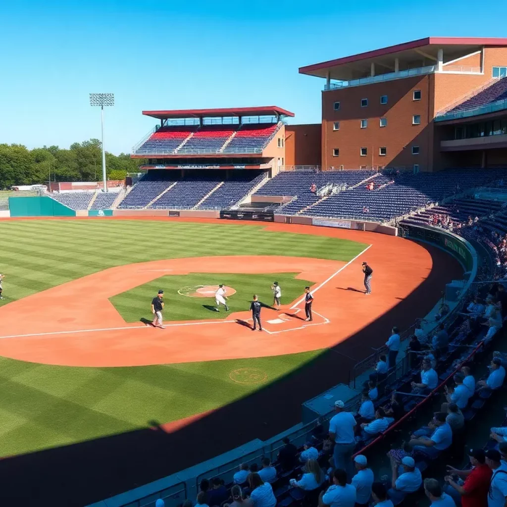High school baseball field with players and fans