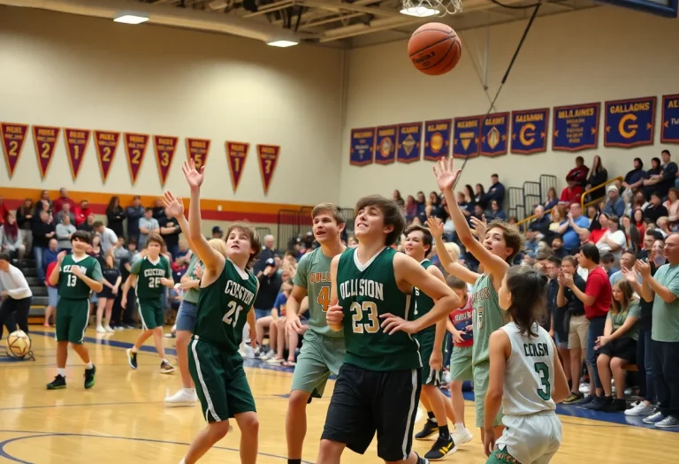 Students playing basketball in a high school gym, with fans cheering.