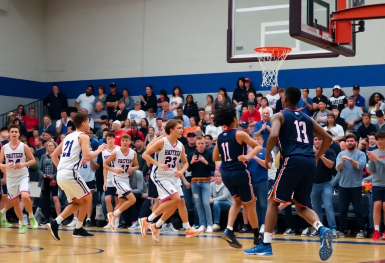 Players competing in a high school basketball game during playoffs
