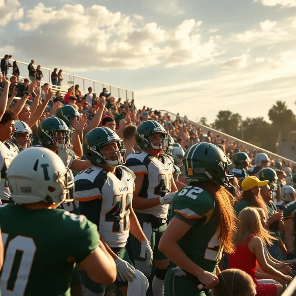 Exciting high school football game with fans cheering