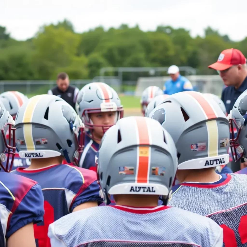 Players in practice wearing guardian caps during high school football