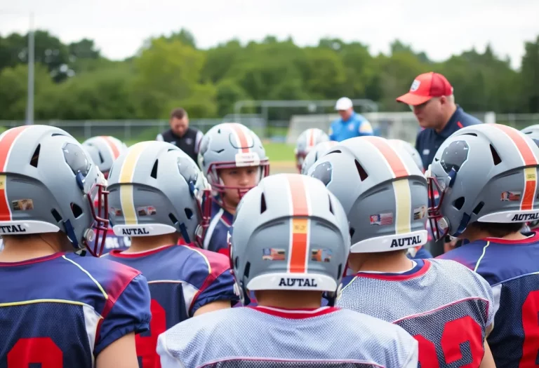 Players in practice wearing guardian caps during high school football