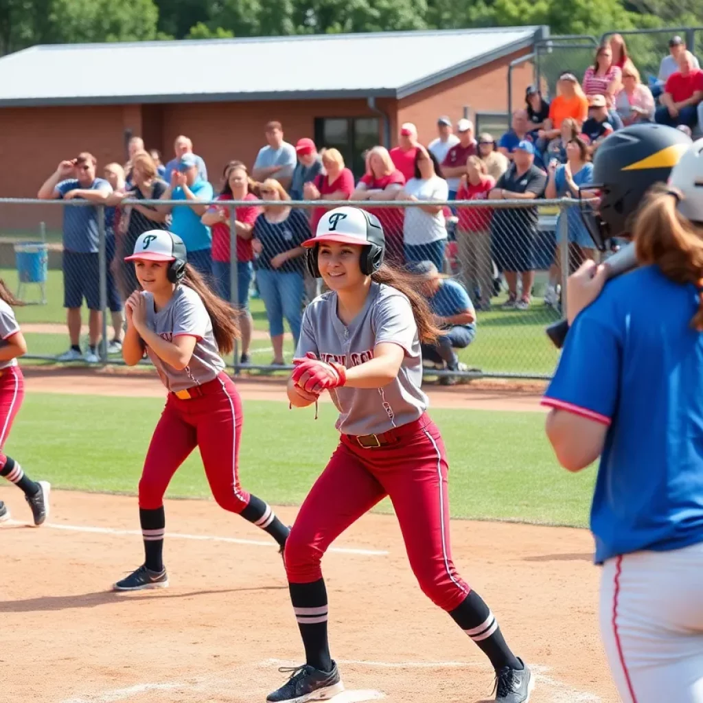 Girls softball teams competing on the field