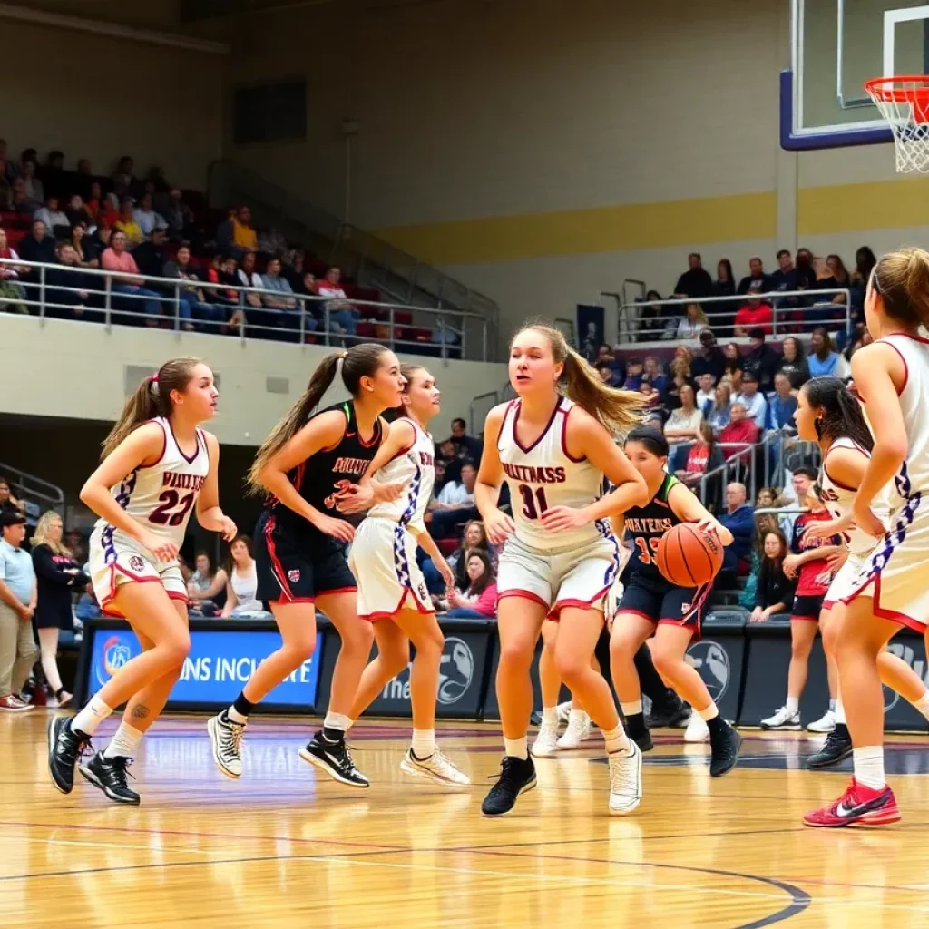 High school girls basketball teams competing in a state tournament