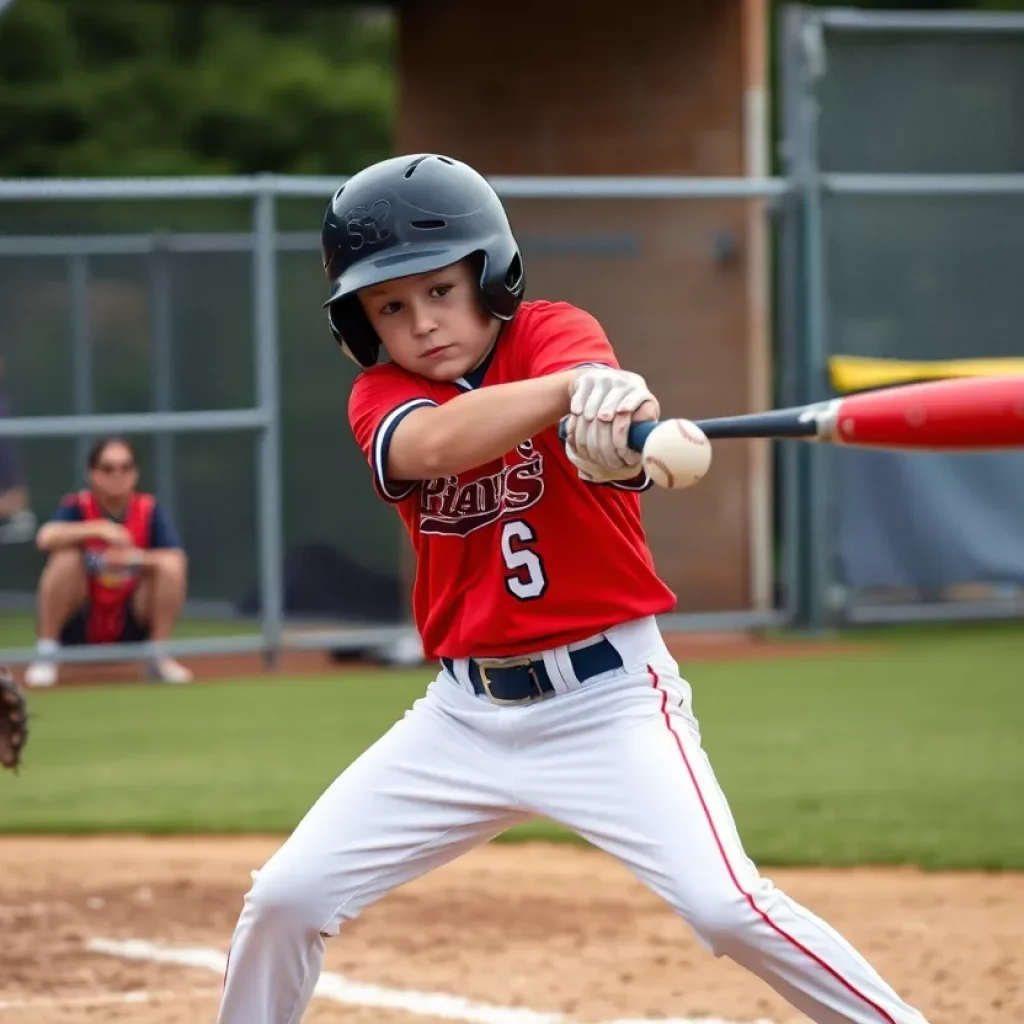 Young baseball player hitting a ball during a game.