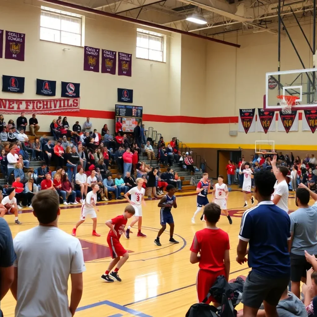 High school basketball players competing during a game with an enthusiastic audience.