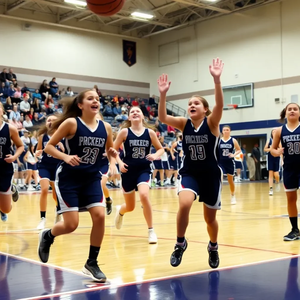 Action shot from a high school girls basketball game in Nebraska