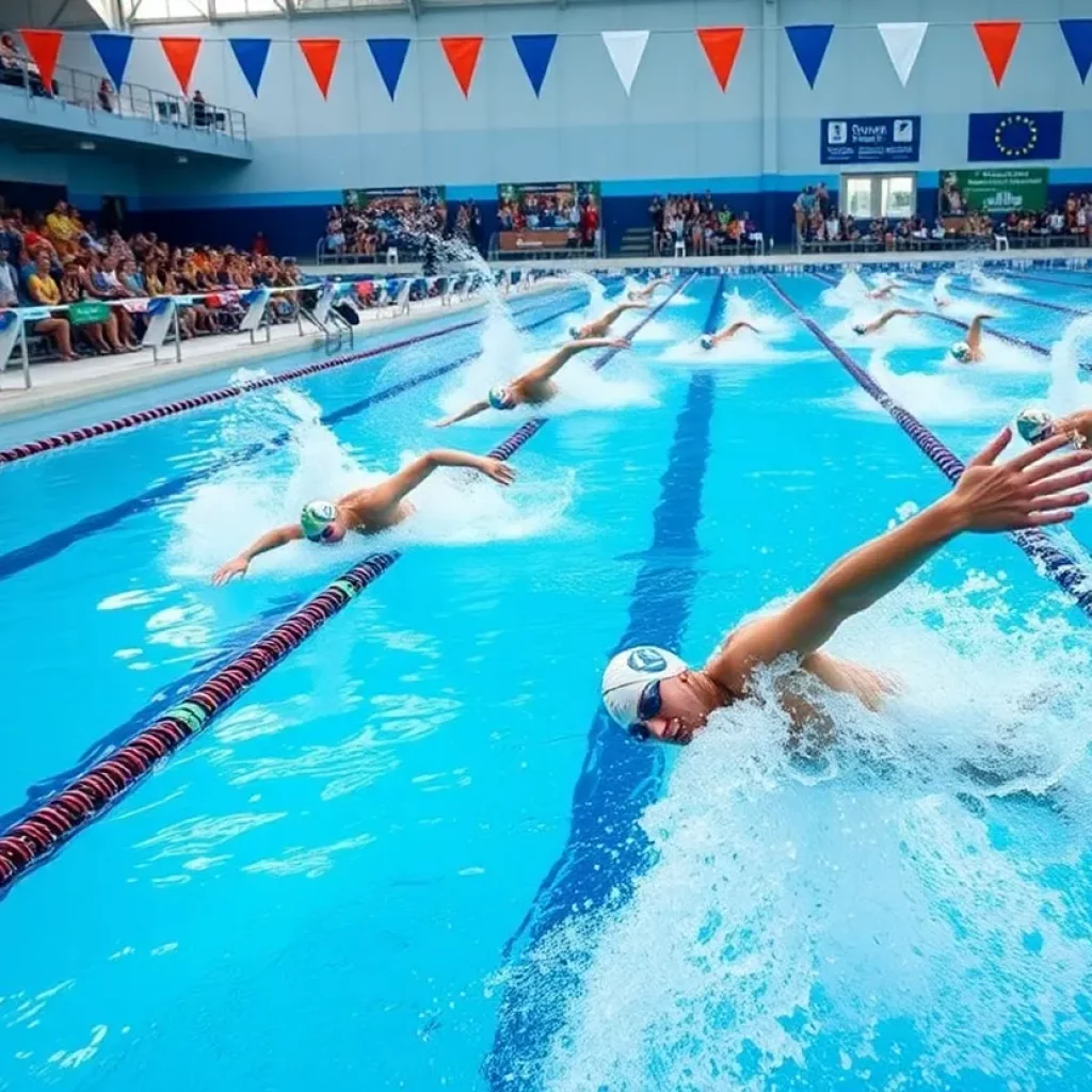 Competitive swimmers at the starting block during a championship event