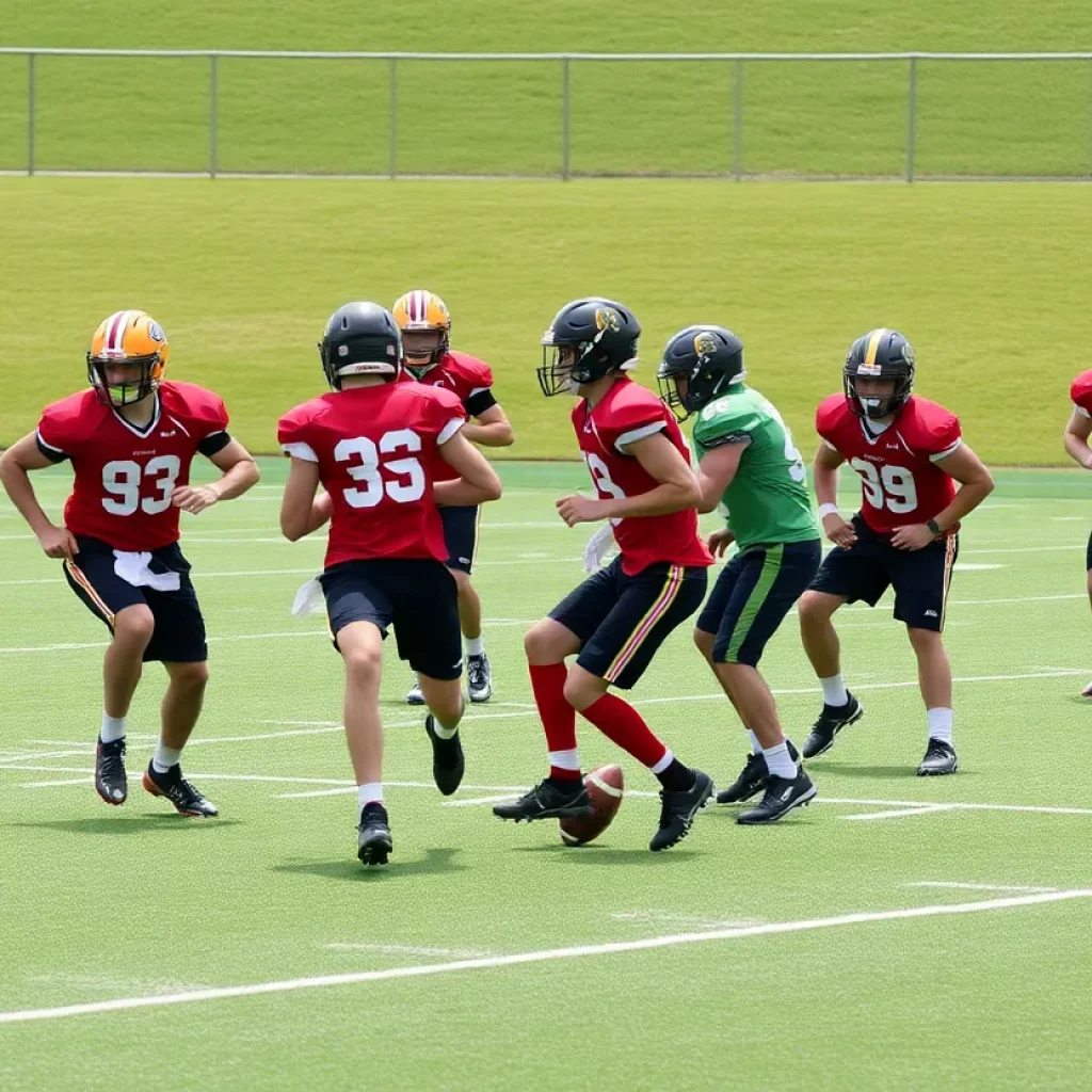 High school athletes practicing 7-on-7 football