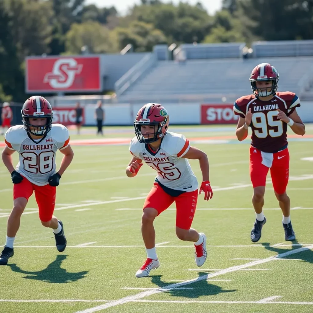 Young athletes training on a football field representing Oklahoma State Cowboys