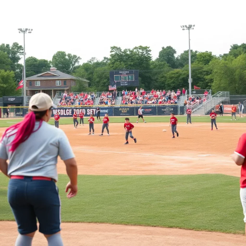 Softball field with players and fans at Riverton High School