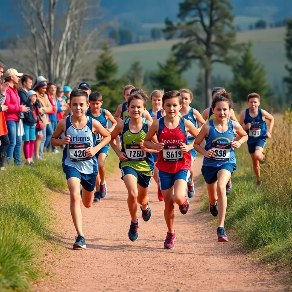 Cross country athletes running on a picturesque trail in South Carolina.