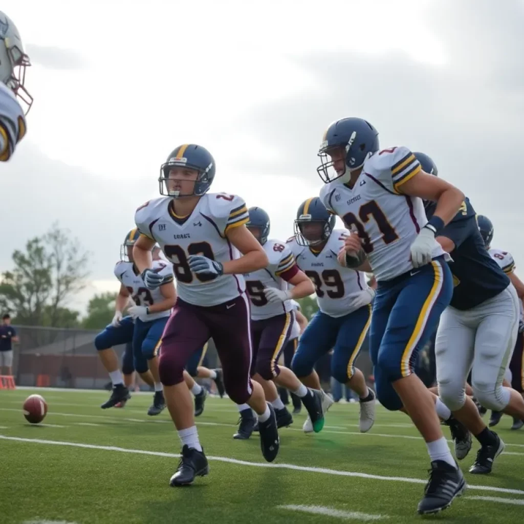 High school football players in action during a game in South Texas