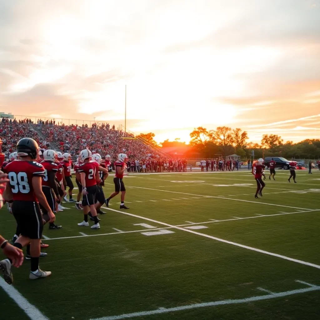 Texas high school football players on a field during a game