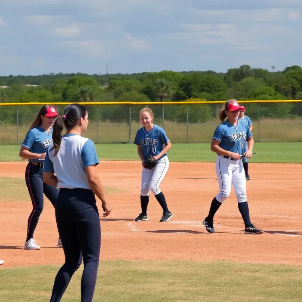 High school softball players practicing on the diamond in Texas