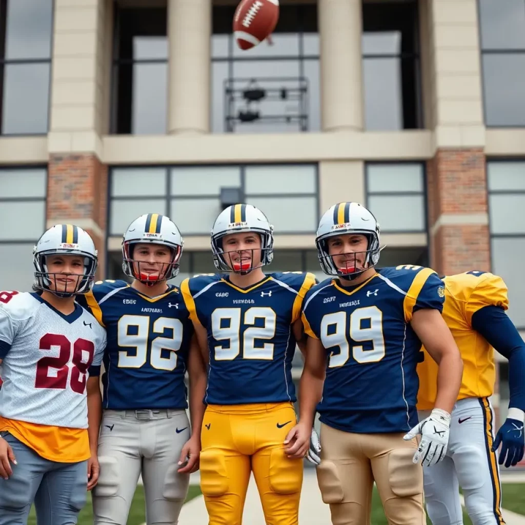 Four Tri-Valley football players celebrating their commitment to Walsh University.