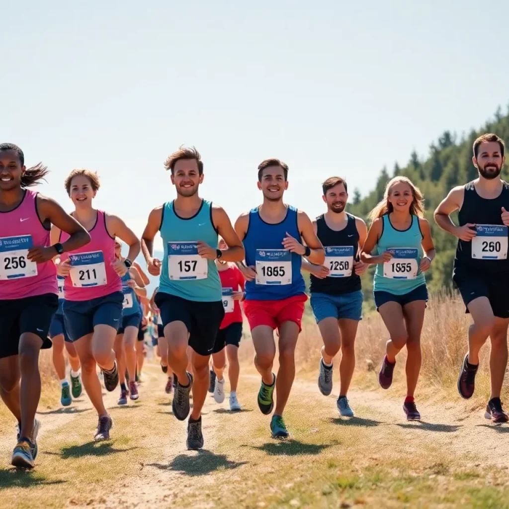 Trinity High School cross country team running on a trail