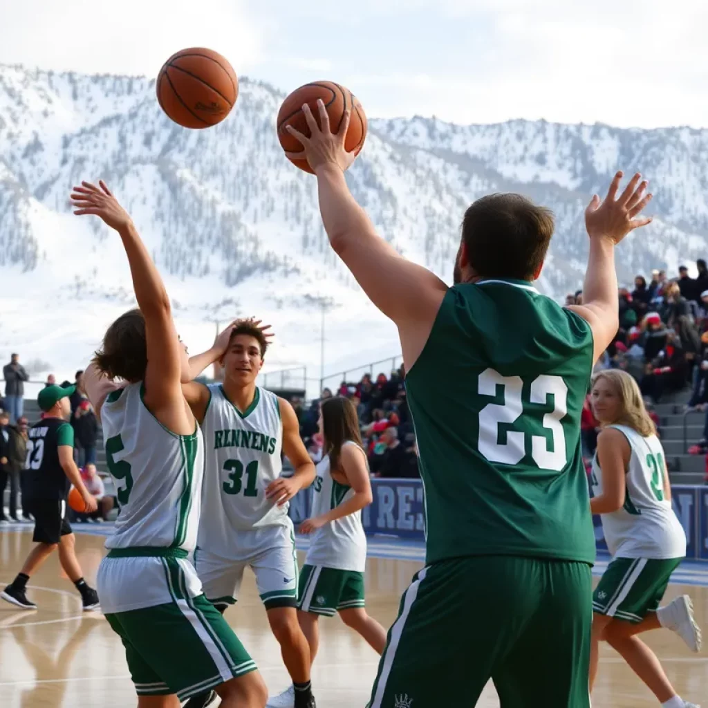 High school basketball players in action during a winter game in Vermont.