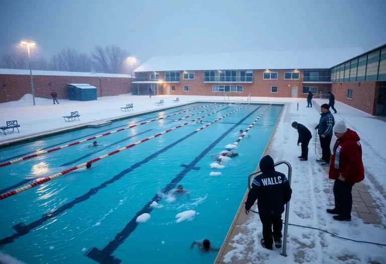 Swimmers preparing at a snowy swimming pool for the Virginia High School Championships.