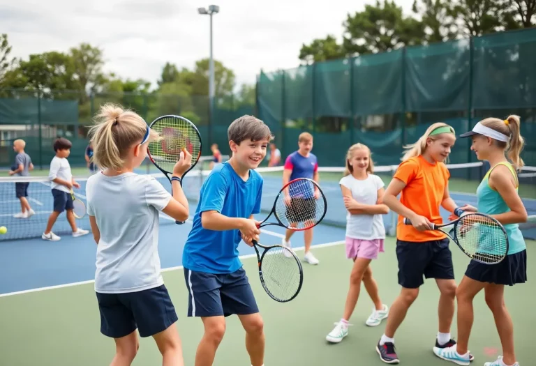 Players participating in tennis drills at the Wheeling Oglebay Tennis Club.