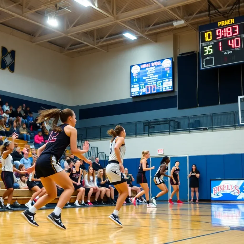 High school girls basketball players competing during playoffs