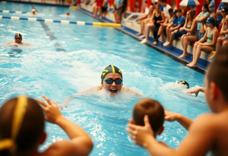 Young swimmer competing in a race at Texas 6A High School State Meet.