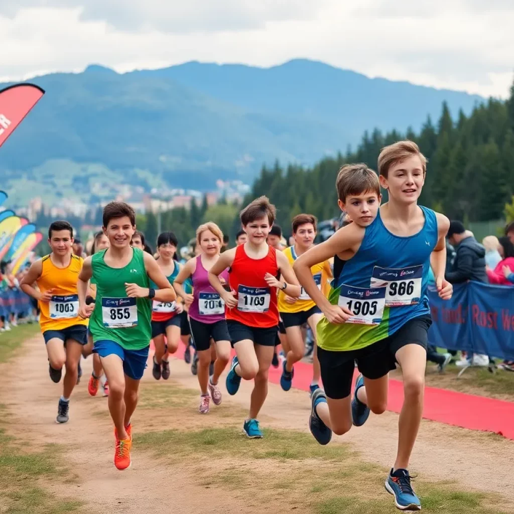 Junior high and middle school students racing in cross country event